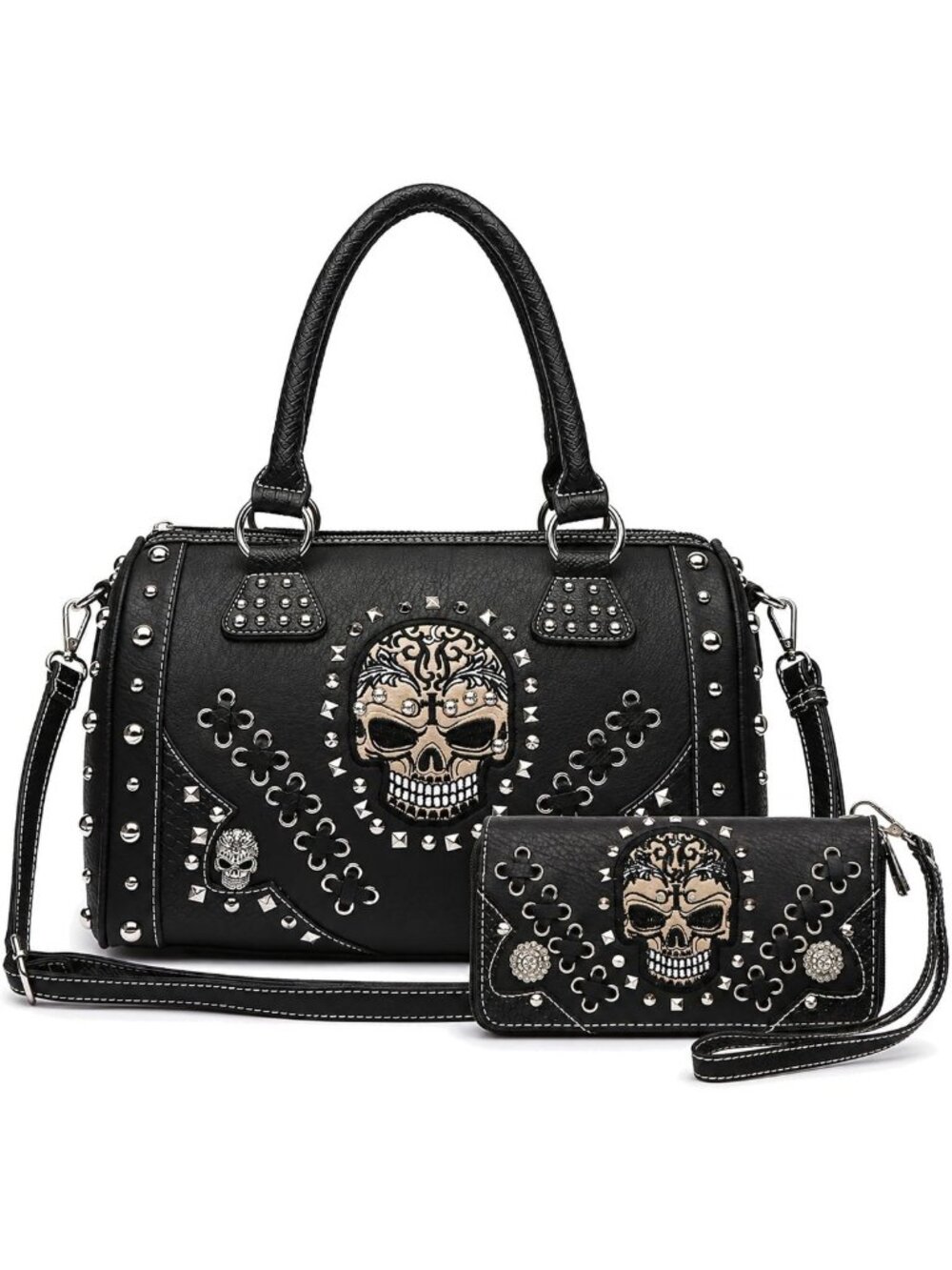 Gothic Skull Handbag & Wallet Set - Stylish Western Satchel Purse for Women